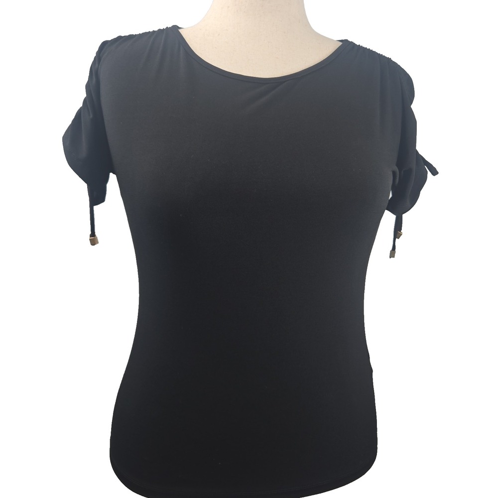 Chico's Size 0 Knit Shirred Shoulder Short Sleeve Black Top- New